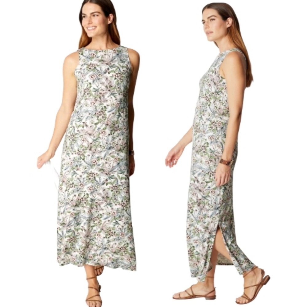 J.Jill Wearever Maxi dress Floral Tropical Hawaii Print Sleeveless Tank Split L